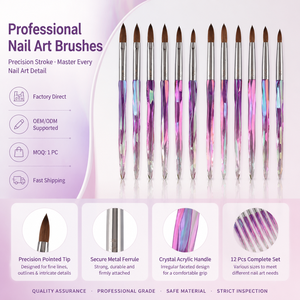 Ensemble de pinceaux à ongles en acrylique Kolinsky personnalisés, manche en cristal violet irisé pour salon, maison, manucure DIY, extension d'ongles - Product Image 1