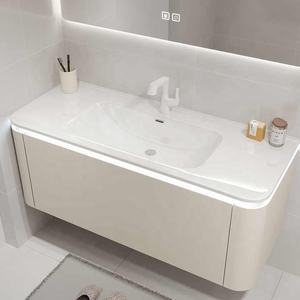 Mobile Bagno Moderno Personalizzato Bianco Crema da Parete con Specchio LED Intelligente e Lavabo Integrato - Product Image 5