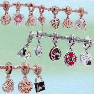 Colgante de Plata 925 con Baño de Oro Rosa, Diseño de Candado de Amor, con Zirconia, Accesorio de Lujo para Pulsera DIY, Diseño Floral y Animal, Regalo de Joyería para Mujer - Product Image 1