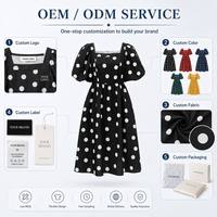 Vestido Midi Negro de Verano para Mujer, Estilo Dulce, Plisado, Transpirable, con Mangas Abullonadas, Cintura Imperio, Puntos Blancos, Cuello Redondo, Diseño Vintage