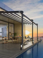 Pergola motorisée rétractable et pliable, étanche, avec commande par application intelligente, au design moderne, pour balcon, villa haut de gamme et luxe.