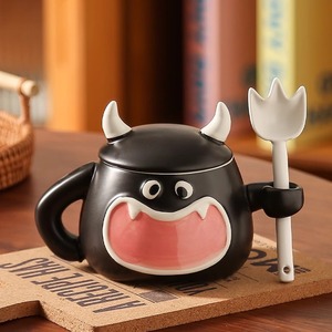 Taza de Cerámica con Diseño de <span class=keywords><strong>Diablillo</strong></span> Pintado a Mano, Linda Taza de Café Creativa con Tapa y Cuchara, Taza para Beber en el Desayuno en Casa - Product Image 4