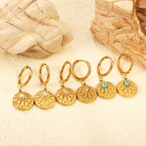 Pendientes de moda de oro de 18 quilates con moneda y piedra natural, aretes colgantes de acero inoxidable que no se deslustran, con diseño de sol, ideales para regalo. - Product Image 2