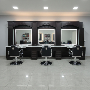 Estación de Barbería de Estilo Clásico en Madera, con Lavabo para 3 Personas, Espejo LED, Espacio de Almacenamiento Múltiple y Duradero, para Barbería y Salón de Belleza - Product Image 1