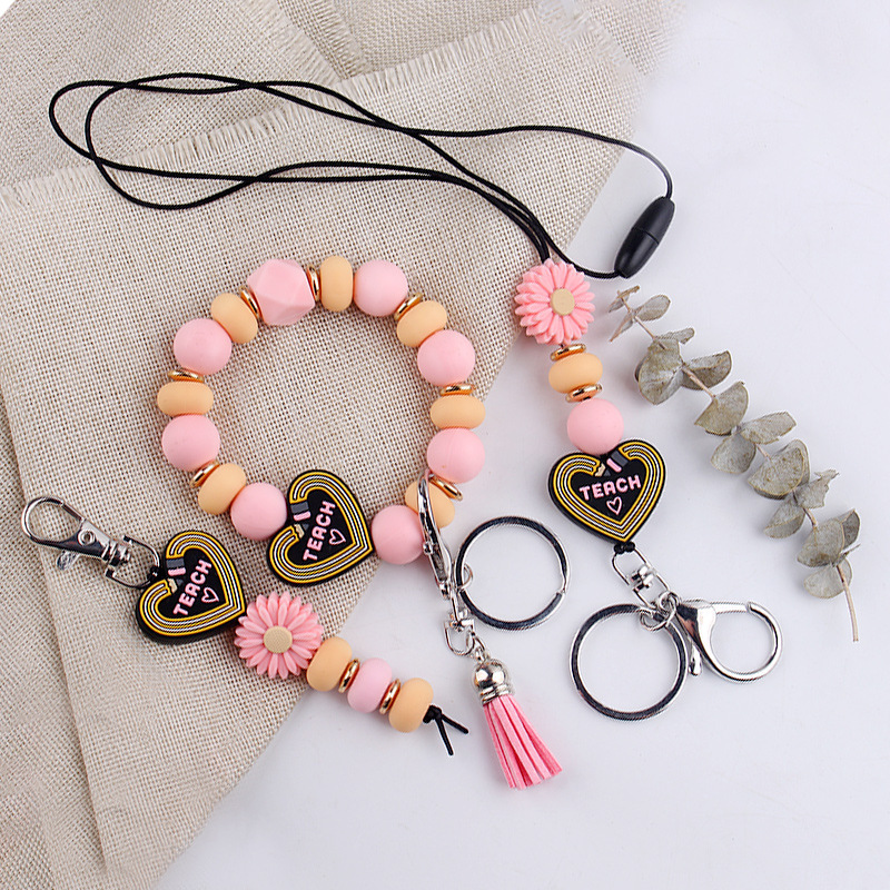 Bohemian Daisy Bead Keychain Badge Holder Cute Flower Silicone Key Ring Lanyard With Clip for Teachers Students Gift Idea Image 4