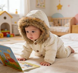 Tuta Invernale Calda per Neonati OEM, Tuta con Cappuccio in Pelliccia e Chiusura a Bottoni, Antivento, per Neonati con Fantasia a Tinta Unita - Product Image 3