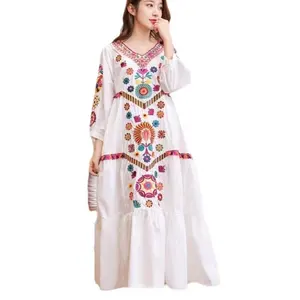 Bán Buôn Quần Áo Dài Tay Bãi Biển Bohemian Dresses Ladies O Cổ Floral Maxi Casual Boho Dress Với Kimono