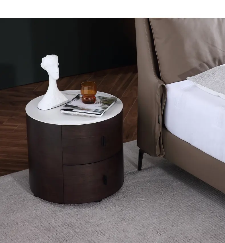 Yatak odası mobilyası silindir tasarım lüks minimalizm Modern başucu masa ceviz ahşap taş üst ahşap komidin