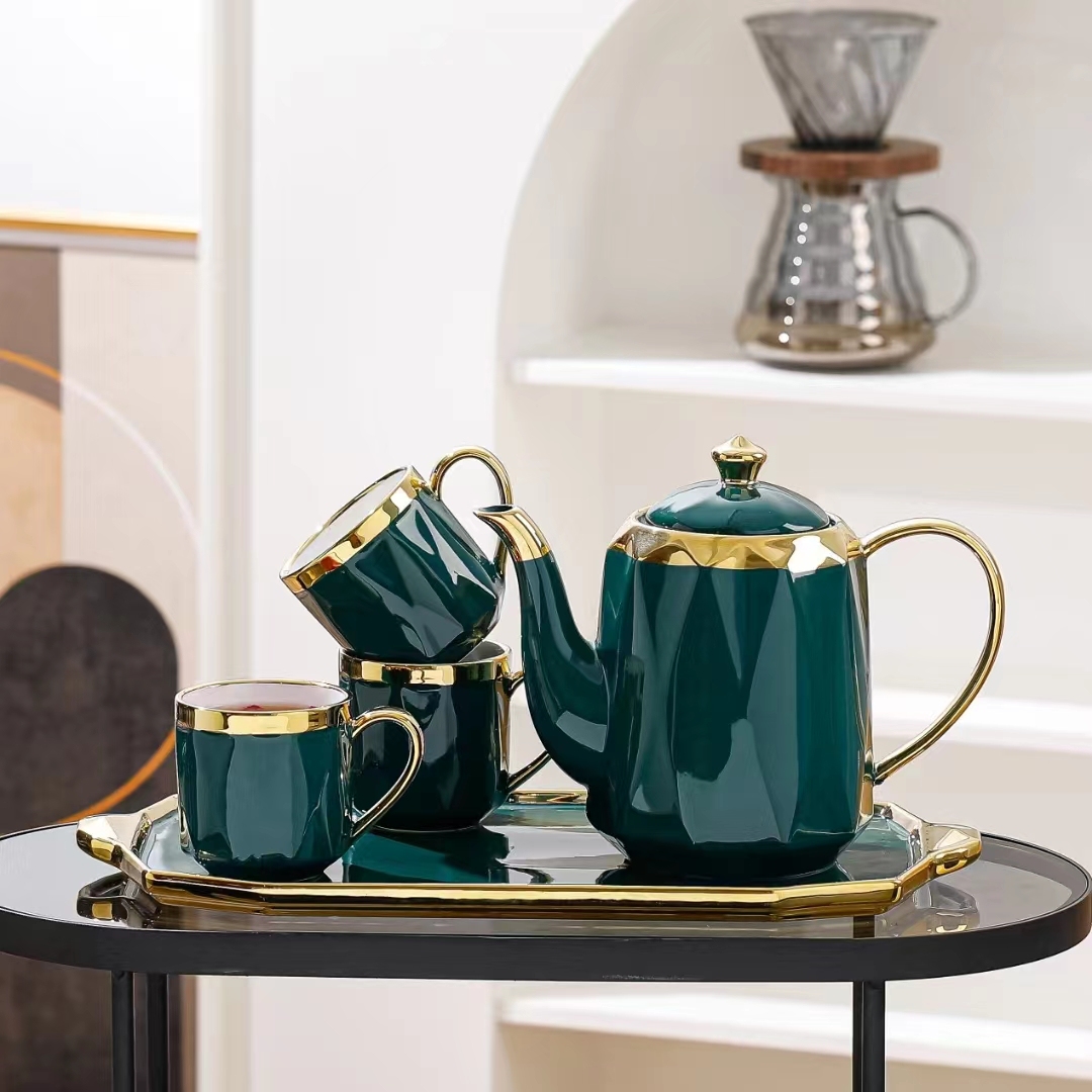 Luxury 6 Piece Ceramic Tea Cup Set with Teapot & Tray, Gold Trim