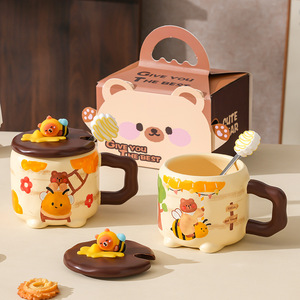 Cute High-Value <strong>Bee</strong> Bear Ceramic <strong>Mug</strong> with Lid for Home Office Couple Creative Gift - Product Image 2