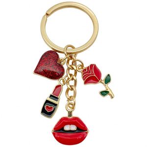Ensemble de porte-clés personnalisés plaqués or avec breloques lèvres et roses, cadeau de bureau tendance pour femmes, fabrication OEM en petites séries - Product Image 4