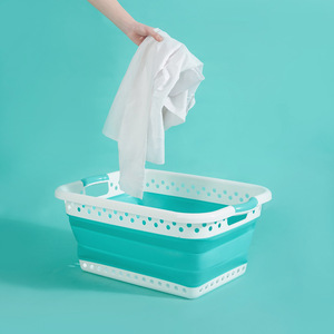 Collapsible Laundry Basket Rectangle Blue And Dark Gray Foldable Clothing Organizer Storage Basket For Bathroom Portable Use - Product Image 1