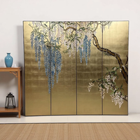 Paravent pliable en bois massif de style chinois, décoré de feuilles d'or appliquées à la main et de fleurs peintes à la laque, pour salon