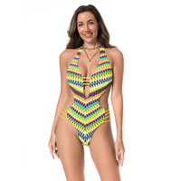 Maillot de bain une pièce sexy à imprimé géométrique, col en V, dos nu, avec ceinture, pour femme, style string, fabrication OEM sur mesure