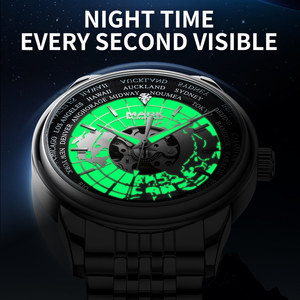 Montre mécanique Mark Fairwhale pour homme, heure mondiale, 24 fuseaux <span class=keywords><strong>horaires</strong></span>, cadran squelette, acier inoxydable, lumineuse, montre sport à bracelet FW-6062 - Product Image 5