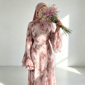 Loriya 2026 Abaya Estiva in Chiffon Floreale a Due Strati con Maniche Svasate, Vestito Lungo Islamico Modesto per Donna, Vendita all'Ingrosso - Product Image 2