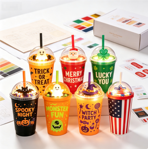 PP Plastic Plastic Tumbler With <b>Straw</b> Dome Lid LED Glow <b>Reusable</b> Halloween Party Christmas Party Custom Logo Wholesale - Product Image 3