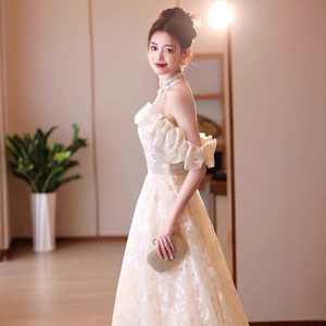 Champagne Off The Shoulder Halter Evening Gown With Floral Print For Coming Of Age Ceremony And Formal Events - Product Image 4