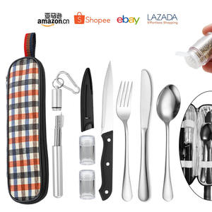 Ensemble de couverts d'extérieur en acier inoxydable avec couteau, fourchette et cuillère télescopiques dans un sac Oxford pour la randonnée, le camping et les voyages - Product Image 3