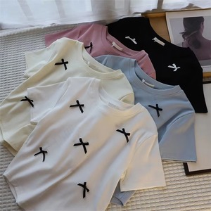 <span class=keywords><strong>T</strong></span>-<span class=keywords><strong>shirt</strong></span> court à la mode d'é<span class=keywords><strong>t</strong></span>é Y2K pour femmes avec nœud à manches courtes Design écologique décontracté - Product Image 2