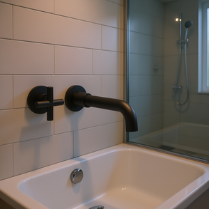 ก๊อกน้ำอ่างล้างหน้าติดผนังแบบโมเดิร์น สีดำด้าน 2 หัวจ่าย วาล์วเซรามิก ทองเหลือง ดีไซน์มินิมอล - Product Image 2