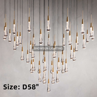Lustre moderne en verre en forme de goutte de pluie de 36 pouces, en laiton, avec éclairage LED suspendu pour salon