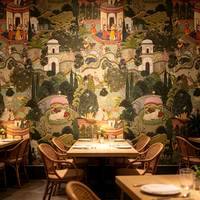 Papier peint mural de jardin indien, décoration murale traditionnelle vintage, scène de palais indien rétro, murale pour salon et chambre à coucher