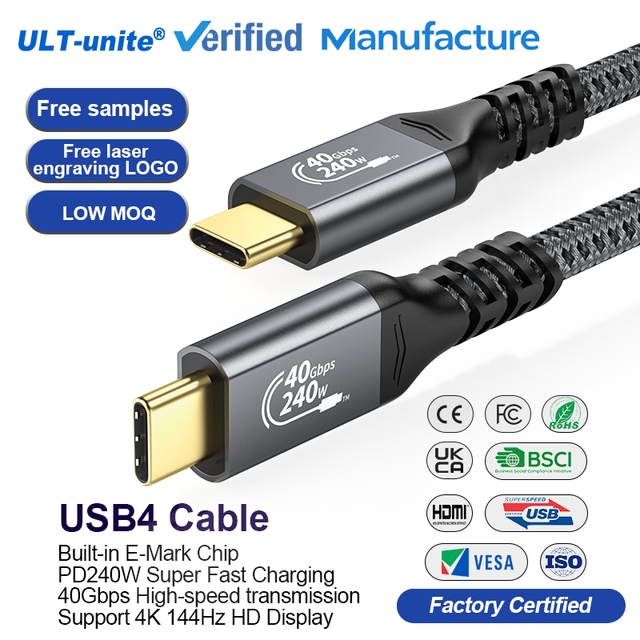 ULT-unite USB4 240W 5A Fast Charging 40Gbps Computer Gold-plated Connector Full-function USB Type-C Data Cable E-marker Chip