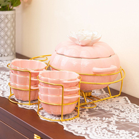 Ensemble de vaisselle en porcelaine en forme de fleur de fête à la maison nordique blanc rose gris pot à soupe en céramique et bols avec support de rangement en or