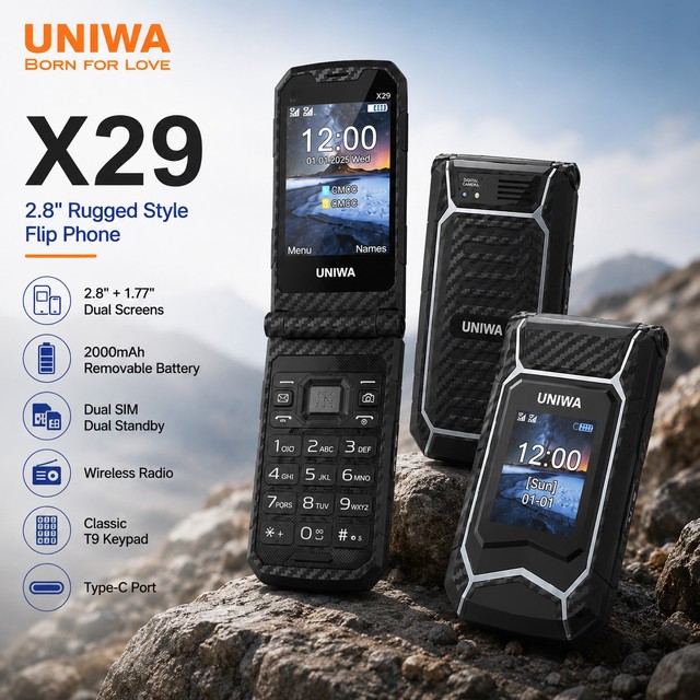 UNIWA X29 GSM Flip Mobile Phone with 2.8 Inch Screen Dual SIM Card Classic T9 Keyboard Long Battery and TF Card Support