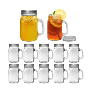 批发普通口8盎司玻璃梅森罐，带盖和手柄，用于饮料牛奶冰茶柠檬水
