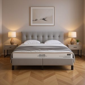 Cadre de lit rembourré gris clair avec tête de lit, design moderne en tissu, structure en bois, taille double, mobilier de chambre à coucher - Product Image 2