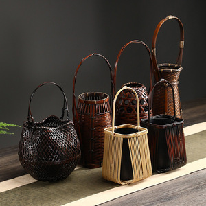 Handmade Bamboo Woven <b>Storage</b> <b>Baskets</b> Round Flower Vases Chinese Style Tableware Living Room Decor - Product Image 1