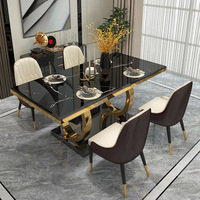 Ensemble de table à manger en marbre noir de luxe Golden Light, plateau en pierre frittée, cadre en acier inoxydable doré, kit de table à dîner pour restaurant
