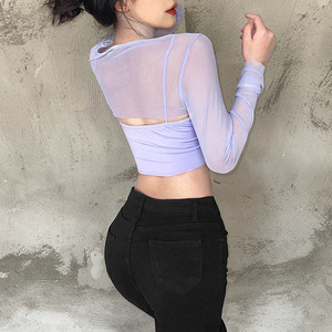 Ropa Sexy <span class=keywords><strong>de</strong></span> dos piezas para mujer, camiseta <span class=keywords><strong>de</strong></span> malla <span class=keywords><strong>de</strong></span> <span class=keywords><strong>tul</strong></span>, Top corto <span class=keywords><strong>de</strong></span> punto ajustado <span class=keywords><strong>de</strong></span> <span class=keywords><strong>manga</strong></span> <span class=keywords><strong>larga</strong></span> Y2k, gran oferta <span class=keywords><strong>de</strong></span> primavera - Product Image 6