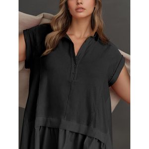 Robe courte d'été pour femmes, manches courtes, col en V, décontractée, surdimensionnée, patchwork, tissu respirant, tissé, pour tous les jours - Product Image 4