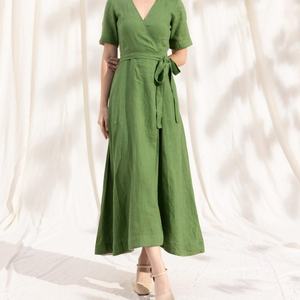 Vestido Elegante de Lino para Mujer, Verano, Nuevo Modelo con Cuello en V, Volantes, Midi, Holgado, Cintura Alta, Casual, Maxi - Product Image 2