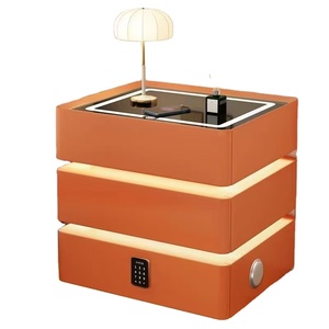 Mesita de noche inteligente de <span class=keywords><strong>madera</strong></span> de lujo moderna con luz Led carga inalámbrica huella dactilar muebles de dormitorio de cuero blanco - Product Image 4