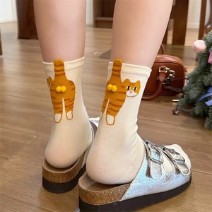Chaussettes tendance personnalisées WZ-332, unisexes, motif chat de dessin animé, <span class=keywords><strong>clochette</strong></span>, gris œuf, mi-mollet - Product Image 2
