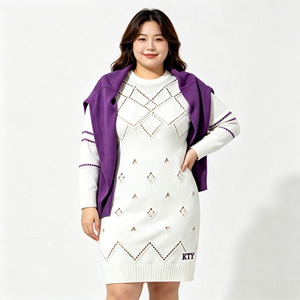 Abito in <span class=keywords><strong>Maglia</strong></span> <span class=keywords><strong>Bianco</strong></span> Casual Primaverile <span class=keywords><strong>di</strong></span> Alta Qualità OEM ODM con Design Traforato e Sciarpa Viola - Product Image 1