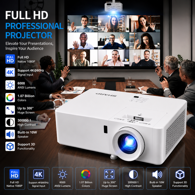 Sharp XG-TK456ZA 1080P Laser Projector 6000 Lumens 4K Support 1.6x Optical Zoom Conference Room