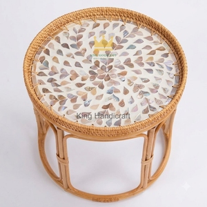 Farmhouse <b>Round</b> Bamboo Rattan Side <b>Table</b> Shell Inlay Pattern Decorative <b>Bedside</b> Coffee <b>Table</b> for Lounge - Product Image 5