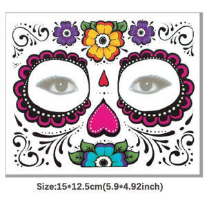 Tatouages temporaires pour le visage Jour des Morts, motifs crâne en sucre et floraux, autocollants de tatouage imperméables pour maquillage de fête d'Halloween - Product Image 6