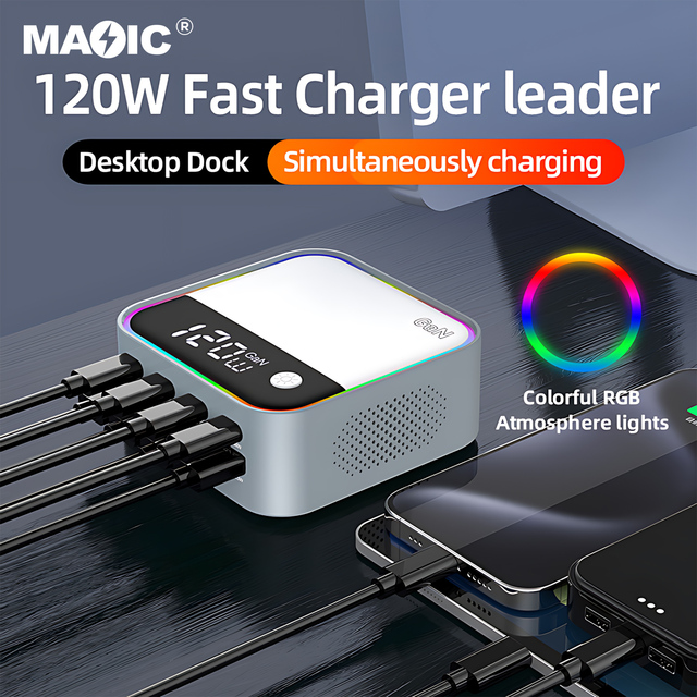 Intelligent 8 Port USB Charger USB Hub 100W GaN Desktop Power Adapter with 4PD and 4QC Fast Charge