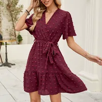 Robe bordeaux à manches volantées et col en V avec ceinture pour femme, style décontracté et élégant