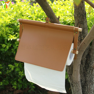 Outdoor camping leather and wooden stick tissue holder, restaurant, hotel, and home hanging tissue bag, portable no-drill - Product Image 1