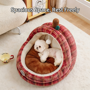 Lit <span class=keywords><strong>pour</strong></span> animaux de compagnie en peluche en forme de pomme de Noël, maison douce en forme de grotte <span class=keywords><strong>pour</strong></span> chiens et chats, nid rond chaud et moelleux avec coussin, durable et mignon - Product Image 2