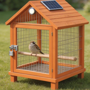 Cage à oiseaux en bois de <span class=keywords><strong>sapin</strong></span> peint en orange, moderne, luxueuse et personnalisée, avec lumière solaire <span class=keywords><strong>LED</strong></span> intégrée pour l'extérieur, pour petits oiseaux de jardin - Product Image 2