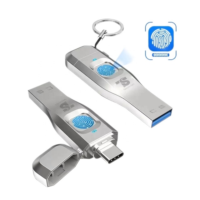 New Metal Fingerprint Encryption USB Flash Drive Dual Interface Type-C Digital Mobile Phone Computer Dual-use Large Capacity