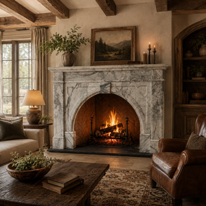 Cheminée traditionnelle en marbre avec décorations sculptées, en pierre Arabescato Corchia, foyer intérieur à bois pour salle à manger - Product Image 6